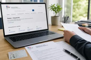 Bureau lumineux avec un ordinateur ouvert sur un site administratif français, des papiers, une carte d'identité et un dossier tenu par des mains, ambiance professionnelle et organisée.