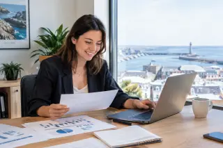 Entrepreneur assis à une table de travail dans un bureau lumineux avec vue sur le Finistère, entouré d’outils de travail et d’un ordinateur portable.