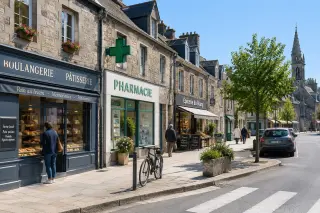 Main street of a small town in Brittany showing traditional shops, a few pedestrians, parked bicycle, and stone buildings under clear daylight.
