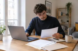 Jeune adulte concentré sur des documents administratifs à une table, ordinateur portable ouvert, intérieur contemporain, lumière naturelle, ambiance studieuse.