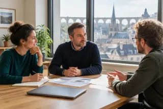 Trois entrepreneurs échangent autour d’une table dans un espace de travail lumineux, avec le centre historique de Morlaix visible par la fenêtre.